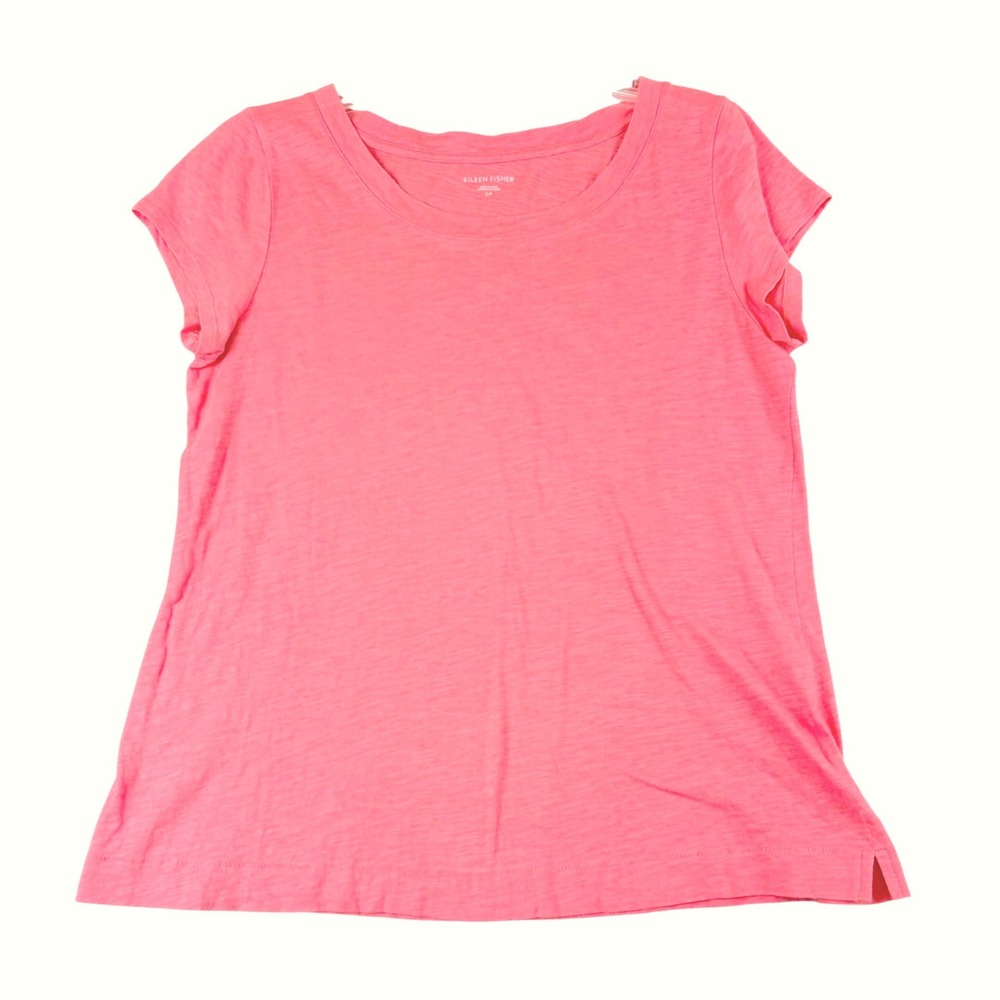 Eileen Fisher S Coral Pink Organic Cotton Tee Scoop Neck Side Slit Minimalist